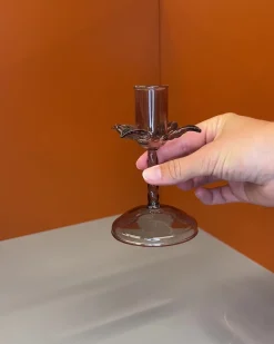 Ukendt Glaslysestage, m/blade , brun h12cm><noscript><img width=